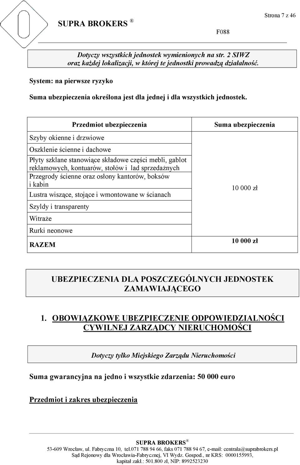 Przedmiot ubezpieczenia Szyby okienne i drzwiowe Oszklenie ścienne i dachowe Płyty szklane stanowiące składowe części mebli, gablot reklamowych, kontuarów, stołów i lad sprzedażnych Przegrody ścienne