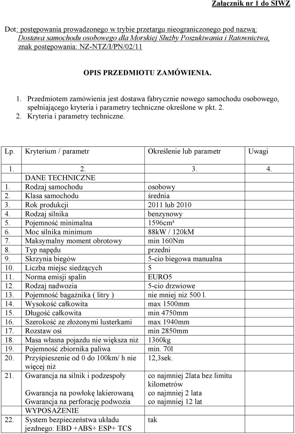 2. Kryteria i parametry techniczne. Lp. Kryterium / parametr Określenie lub parametr Uwagi 1. 2. 3. 4. DANE TECHNICZNE 1. Rodzaj samochodu osobowy 2. Klasa samochodu średnia 3.