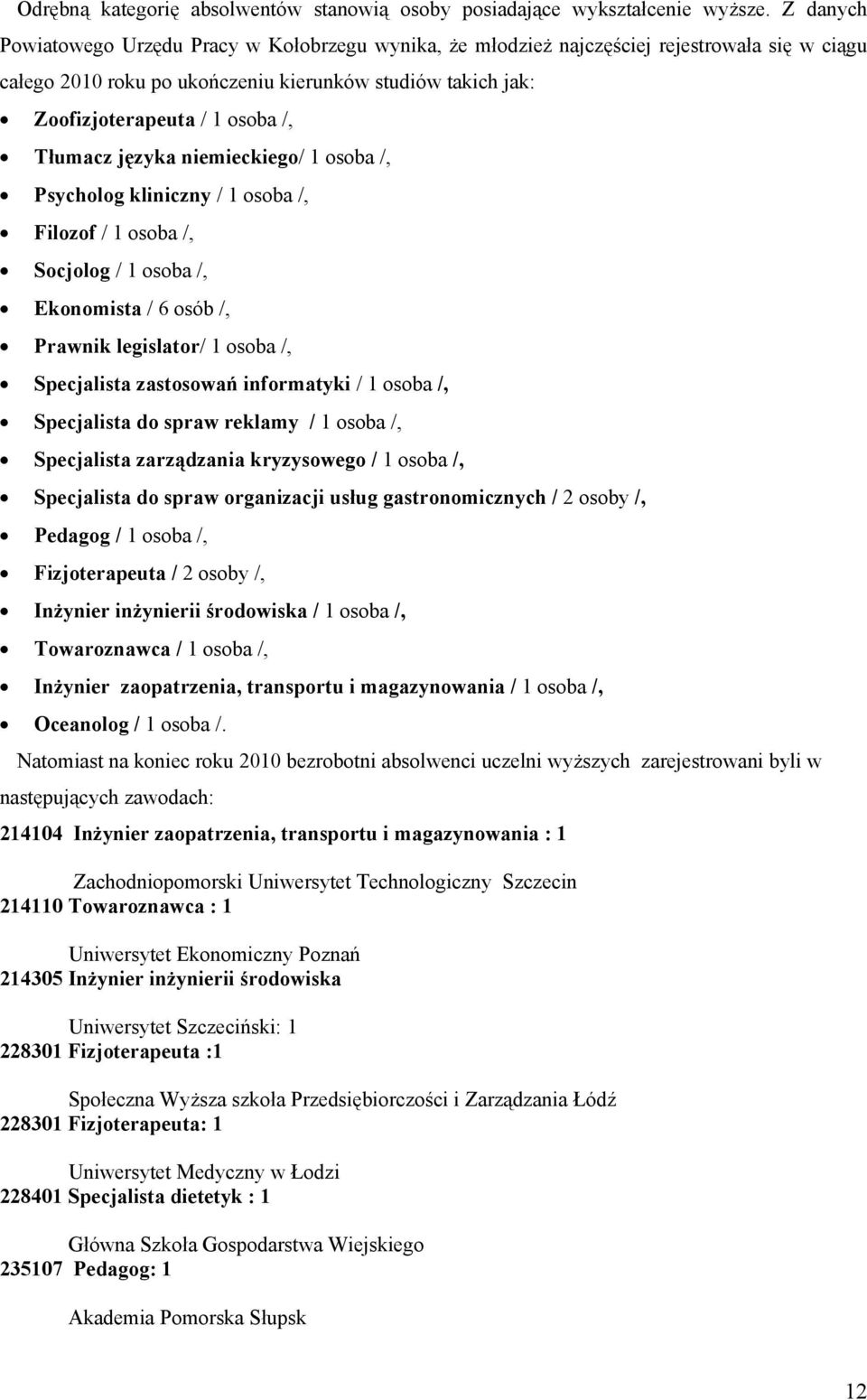 Tłumacz języka niemieckiego/ 1 osoba /, Psycholog kliniczny / 1 osoba /, Filozof / 1 osoba /, Socjolog / 1 osoba /, Ekonomista / 6 osób /, Prawnik legislator/ 1 osoba /, Specjalista zastosowań