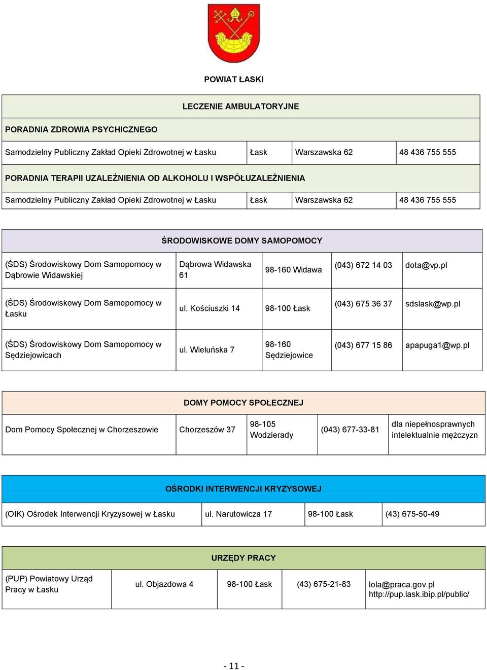 03 dota@vp.pl Samopomocy w Łasku ul. Kościuszki 14 98-100 Łask (043) 675 36 37 sdslask@wp.pl Samopomocy w Sędziejowicach ul. Wieluńska 7 98-160 Sędziejowice (043) 677 15 86 apapuga1@wp.