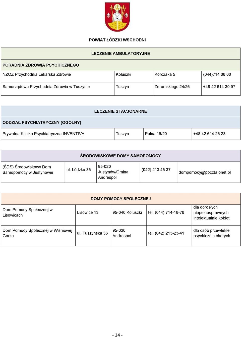 Justynowie ul. Łódzka 35 95-020 Justynów/Gmina Andrespol (042) 213 45 37 dompomocy@poczta.onet.pl Dom Pomocy Społecznej w Lisowicach DOMY POMOCY SPOŁECZNEJ Lisowice 13 95-040 Koluszki tel.