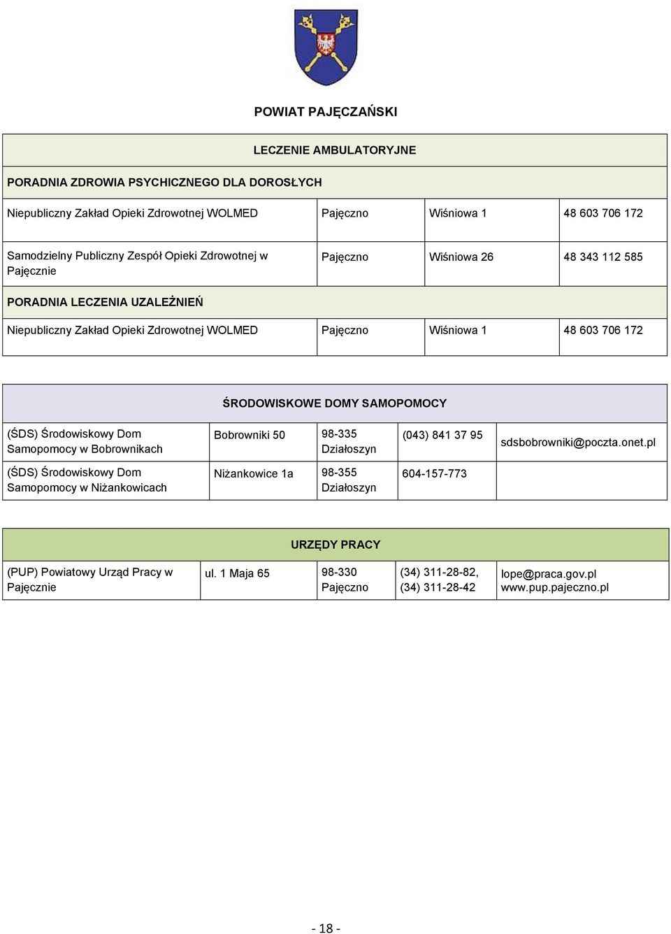 ŚRODOWISKOWE DOMY SAMOPOMOCY Samopomocy w Bobrownikach Bobrowniki 50 98-335 Działoszyn (043) 841 37 95 sdsbobrowniki@poczta.onet.