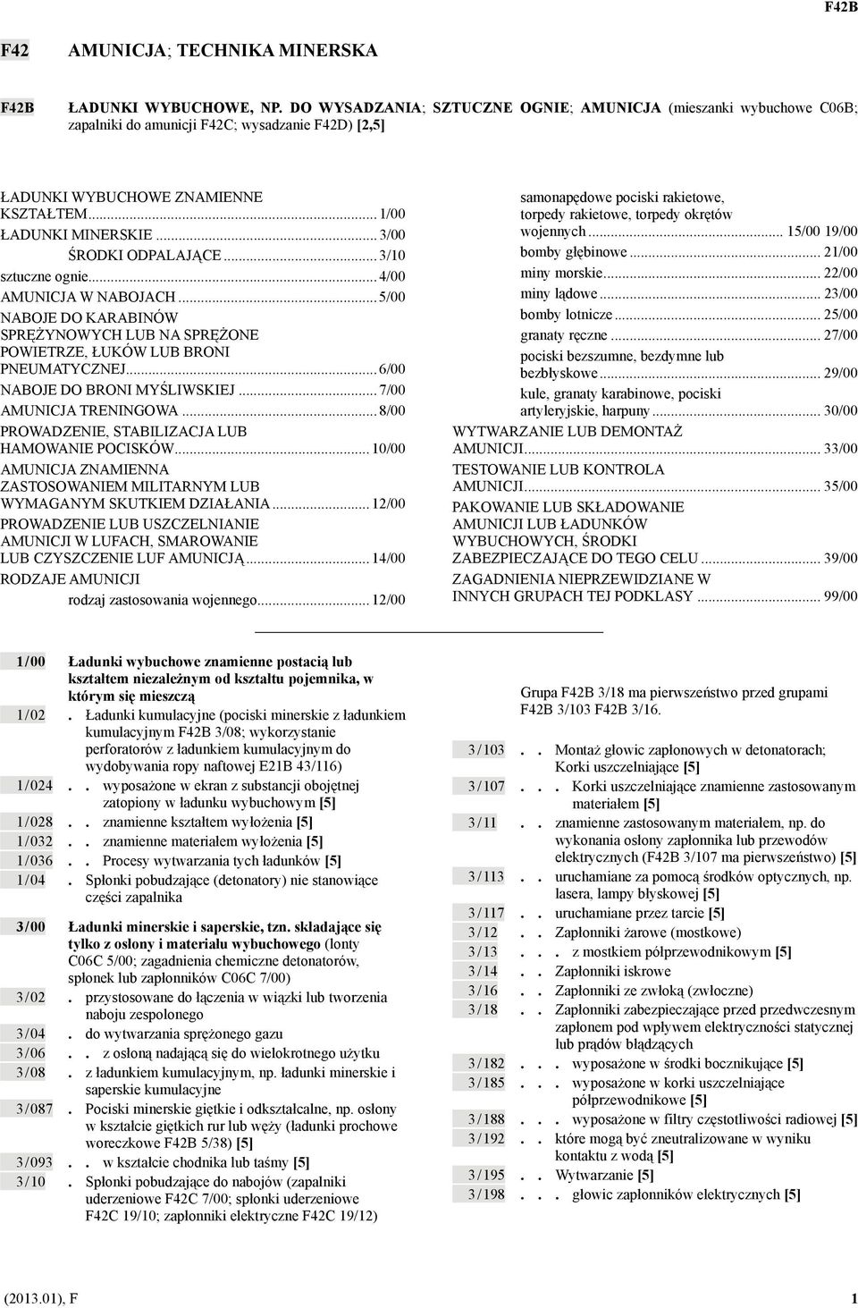 .. 3/00 ŚRODKI ODPALAJĄCE... 3/10 sztuczne ognie... 4/00 AMUNICJA W NABOJACH... 5/00 NABOJE DO KARABINÓW SPRĘŻYNOWYCH LUB NA SPRĘŻONE POWIETRZE, ŁUKÓW LUB BRONI PNEUMATYCZNEJ.