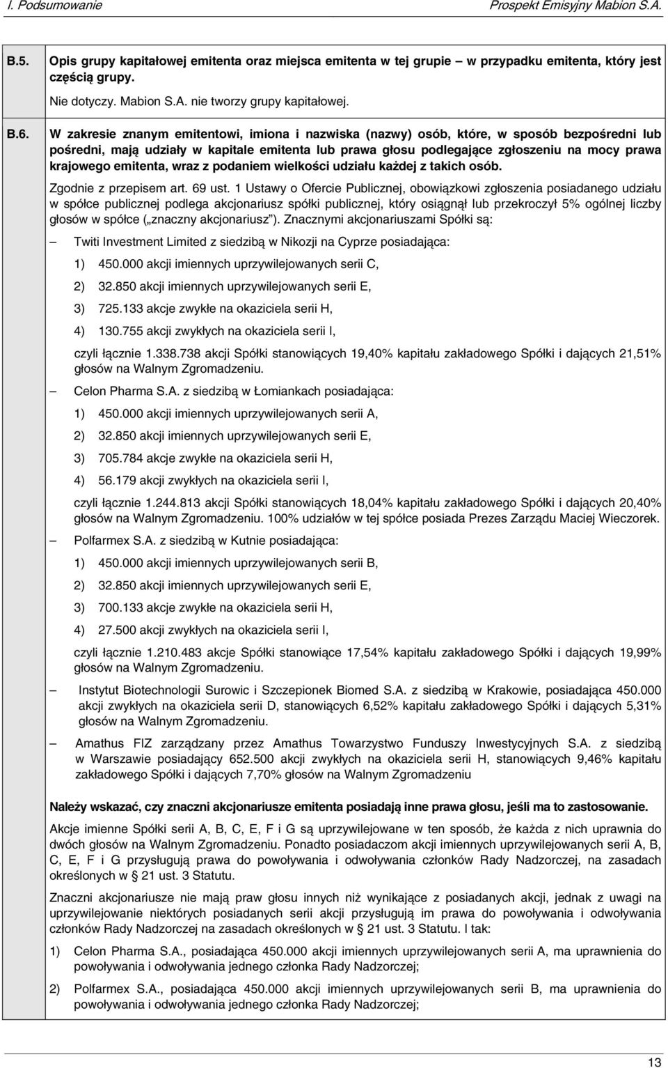 emitenta, wraz z podaniem wielkości udziału każdej z takich osób. Zgodnie z przepisem art. 69 ust.