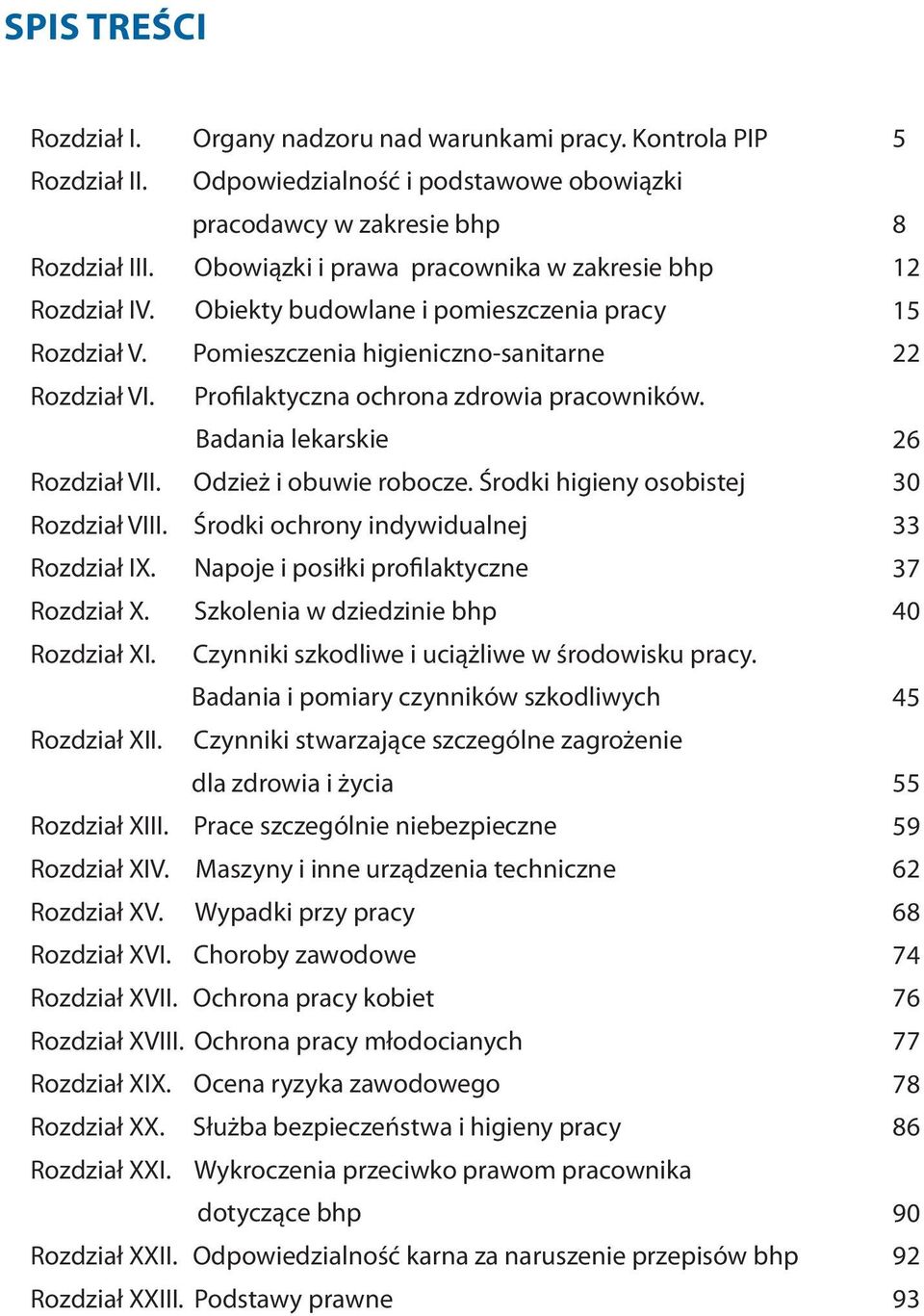 Profilaktyczna ochrona zdrowia pracowników. Badania lekarskie Rozdział VII. Odzież i obuwie robocze. Środki higieny osobistej Rozdział VIII. Środki ochrony indywidualnej Rozdział IX.