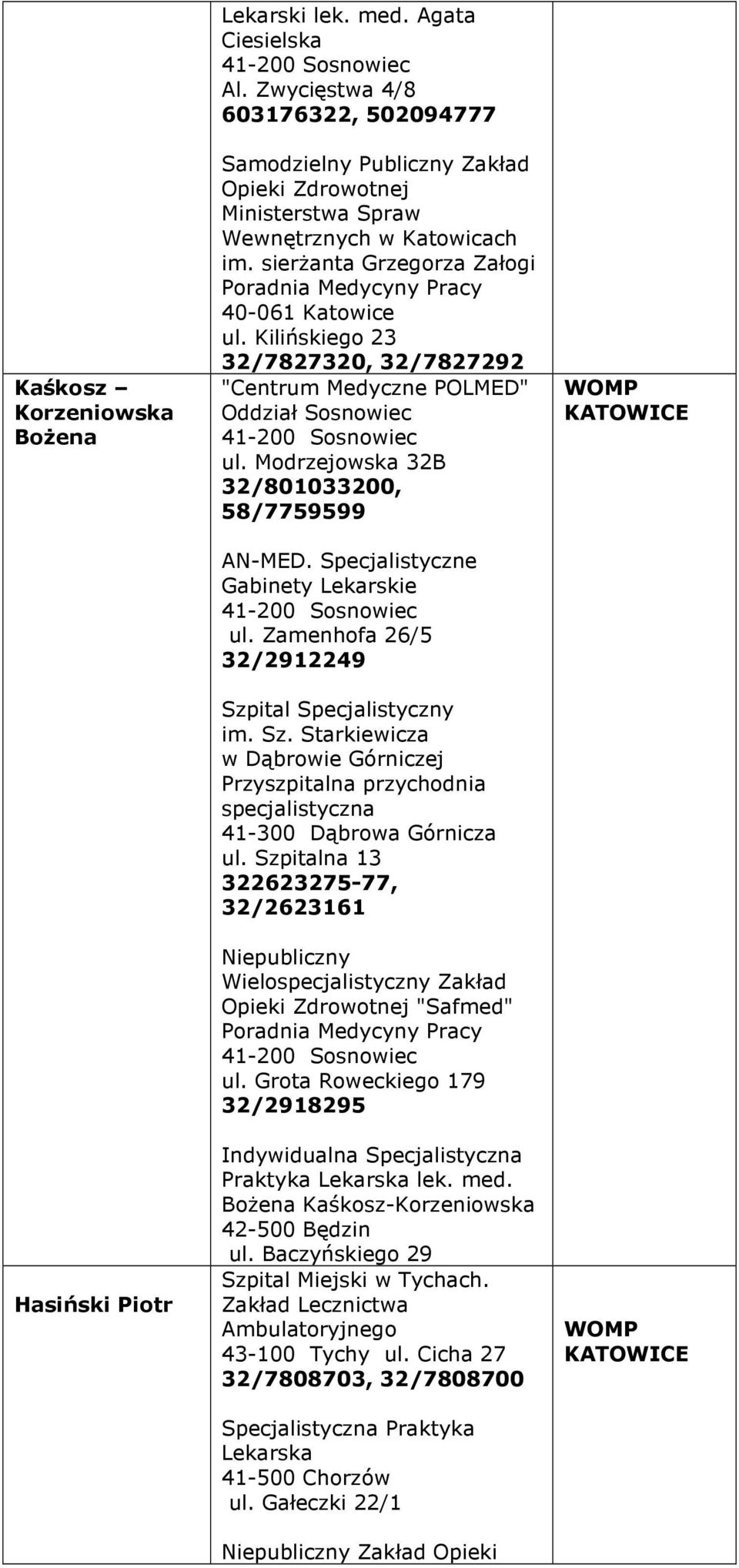 Kilińskiego 23 32/7827320, 32/7827292 "Centrum Medyczne POLMED" Oddział Sosnowiec 41-200 Sosnowiec ul. Modrzejowska 32B 32/801033200, 58/7759599 AN-MED.
