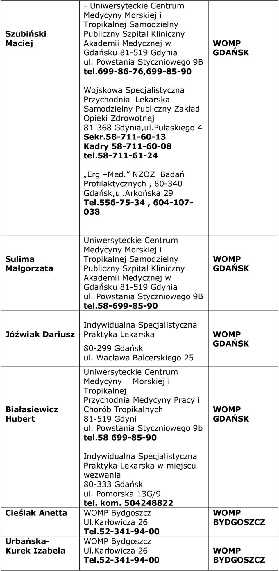 58-711-61-24 Erg Med. NZOZ Badań Profilaktycznych, 80-340 Gdańsk,ul.Arkońska 29 Tel.