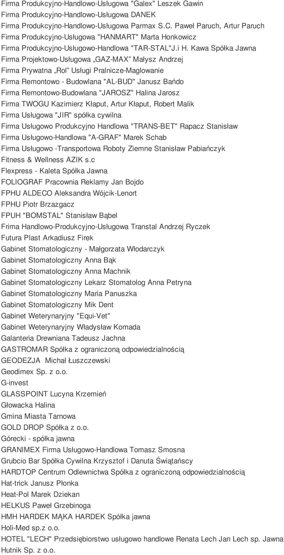 Kawa Spółka Jawna Firma Projektowo-Usługowa GAZ-MAX Małysz Andrzej Firma Prywatna Rol Usługi Pralnicze-Maglowanie Firma Remontowo - Budowlana "AL-BUD" Janusz Bańdo Firma Remontowo-Budowlana "JAROSZ"