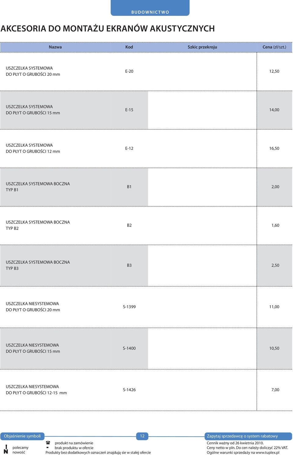 GRUBOŚCI 12 mm E-12 16,50 USZCZELKA SYSTEMOWA BOCZNA TYP B1 B1 2,00 USZCZELKA SYSTEMOWA BOCZNA TYP B2 B2 1,60 USZCZELKA SYSTEMOWA BOCZNA TYP B3 B3