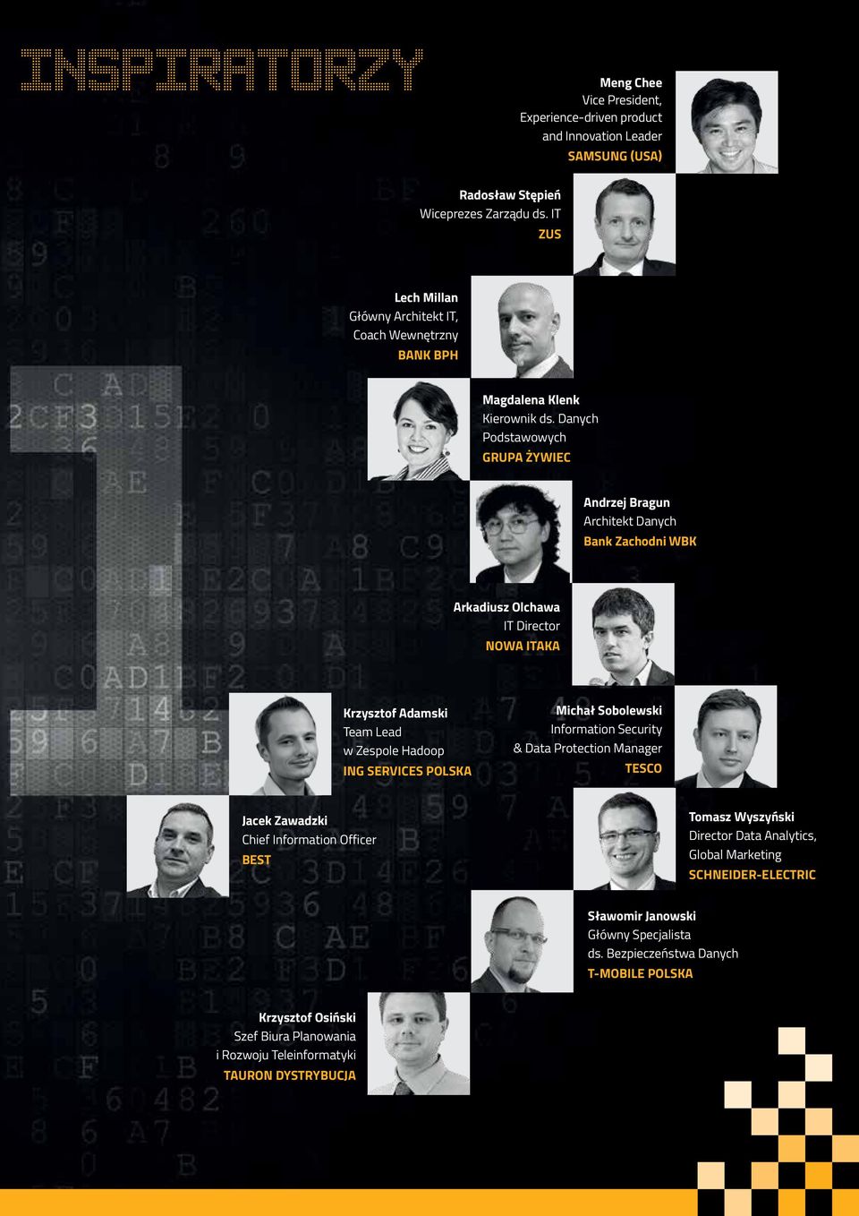 Danych Podstawowych GRUPA ŻYWIEC Andrzej Bragun Architekt Danych Bank Zachodni WBK Arkadiusz Olchawa IT Director NOWA ITAKA Krzysztof Adamski Team Lead w Zespole Hadoop ING SERVICES POLSKA Michał