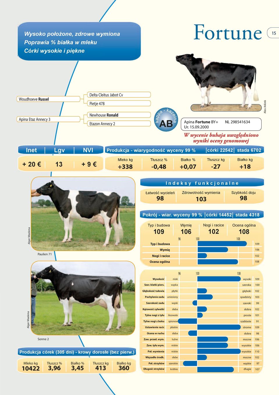 2000 NL 2541634 Produkcja - wiarygodność wyceny % córki 22542 stada 6702 + 20 13 + 9 +338-0,48 +0,07-27 +18 Paulien 71 Pokrój - wiar.