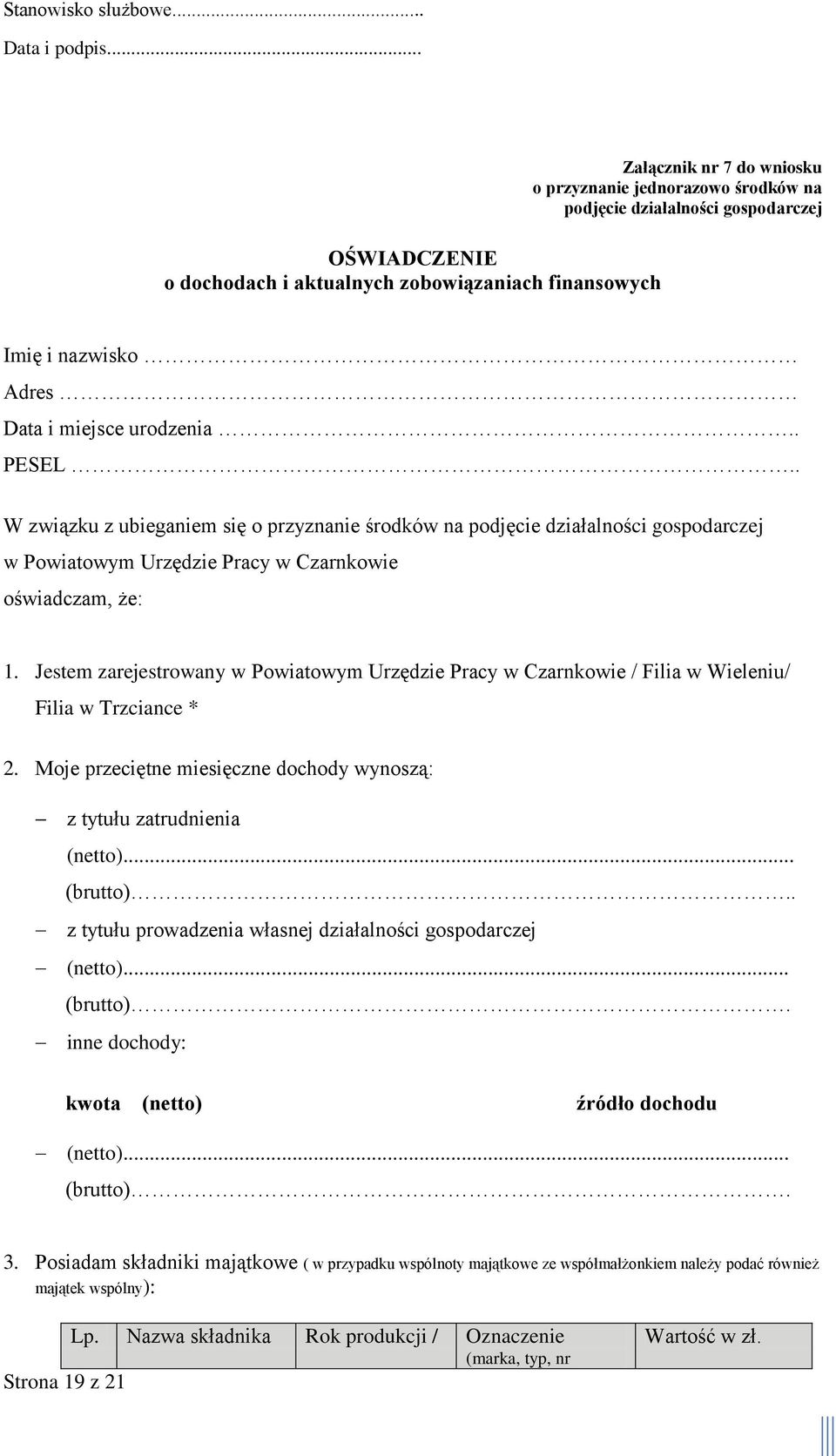 miejsce urodzenia.. PESEL.. W związku z ubieganiem się o przyznanie środków na podjęcie działalności gospodarczej w Powiatowym Urzędzie Pracy w Czarnkowie oświadczam, że: 1.