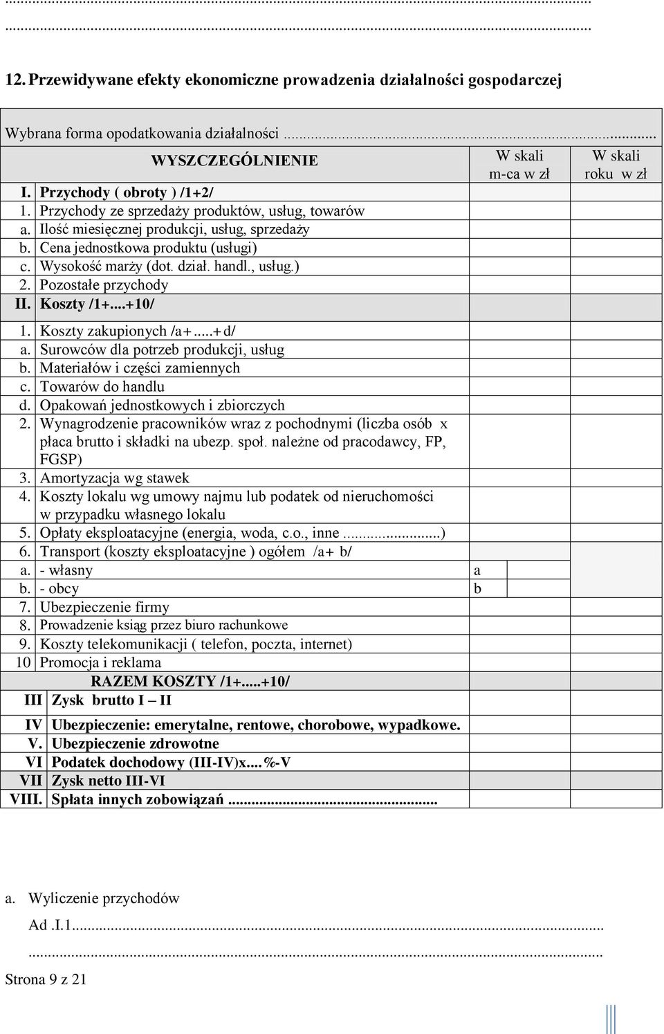Pozostałe przychody II. Koszty /1+...+10/ 1. Koszty zakupionych /a+...+d/ a. Surowców dla potrzeb produkcji, usług b. Materiałów i części zamiennych c. Towarów do handlu d.