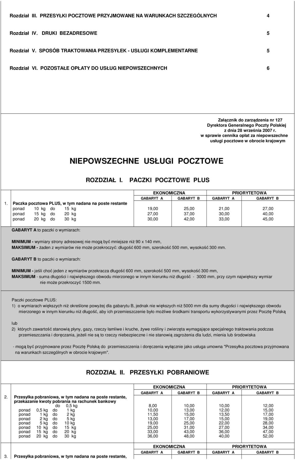 w sprawie cennika opłat za niepowszechne usługi pocztowe w obrocie krajowym NIEPOWSZECHNE USŁUGI POCZTOWE ROZDZIAŁ I. PACZKI POCZTOWE PLUS GABARYT A GABARYT B GABARYT A GABARYT B 1.