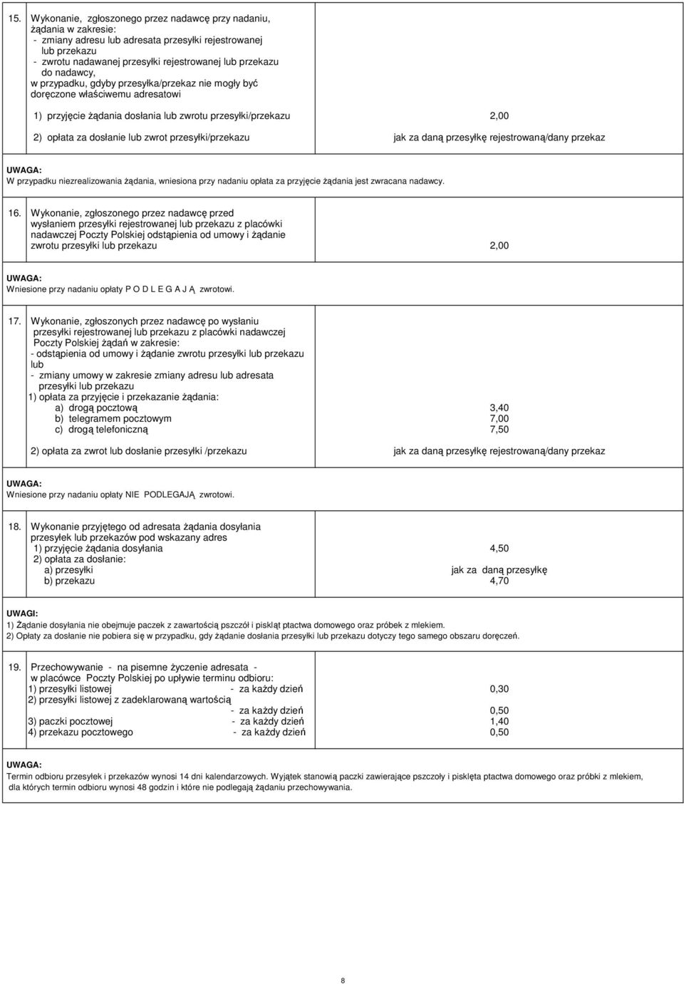 daną przesyłkę rejestrowaną/dany przekaz W przypadku niezrealizowania Ŝądania, wniesiona przy nadaniu opłata za przyjęcie Ŝądania jest zwracana nadawcy. 16.