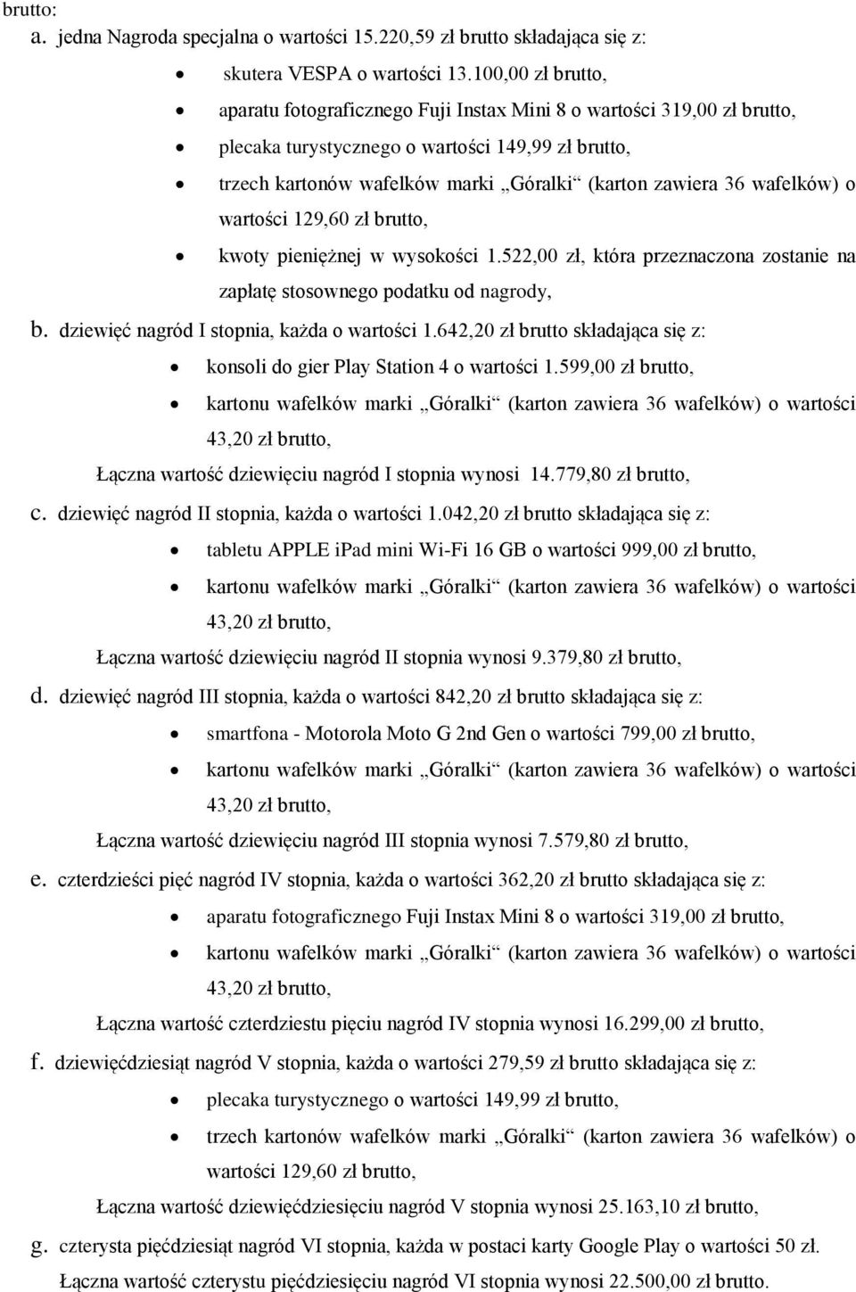 wafelków) o wartości 129,60 zł brutto, kwoty pieniężnej w wysokości 1.522,00 zł, która przeznaczona zostanie na zapłatę stosownego podatku od nagrody, b. dziewięć nagród I każda o wartości 1.