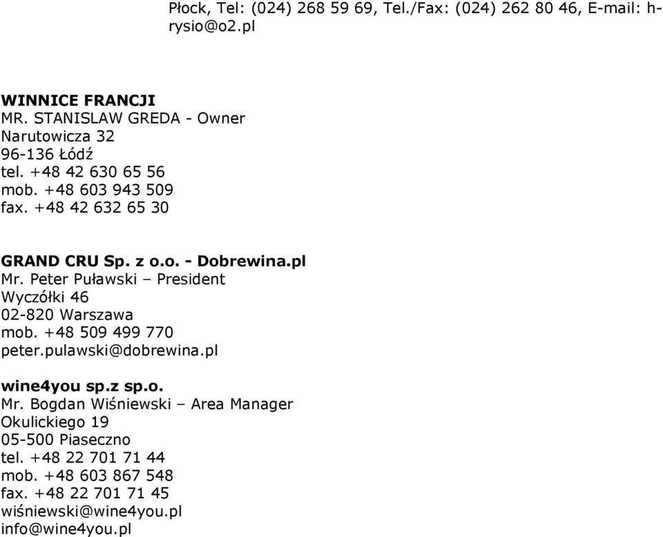 pl Mr. Peter Puławski President Wyczółki 46 02-820 Warszawa mob. +48 509 499 770 peter.pulawski@dobrewina.pl wine4you sp.z sp.o. Mr. Bogdan Wiśniewski Area Manager Okulickiego 19 05-500 Piaseczno tel.