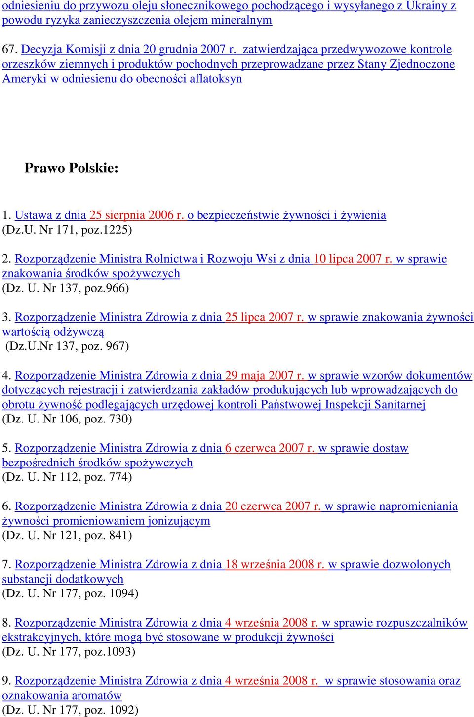 Ustawa z dnia 25 sierpnia 2006 r. o bezpieczeństwie żywności i żywienia (Dz.U. Nr 171, poz.1225) 2. Rozporządzenie Ministra Rolnictwa i Rozwoju Wsi z dnia 10 lipca 2007 r.