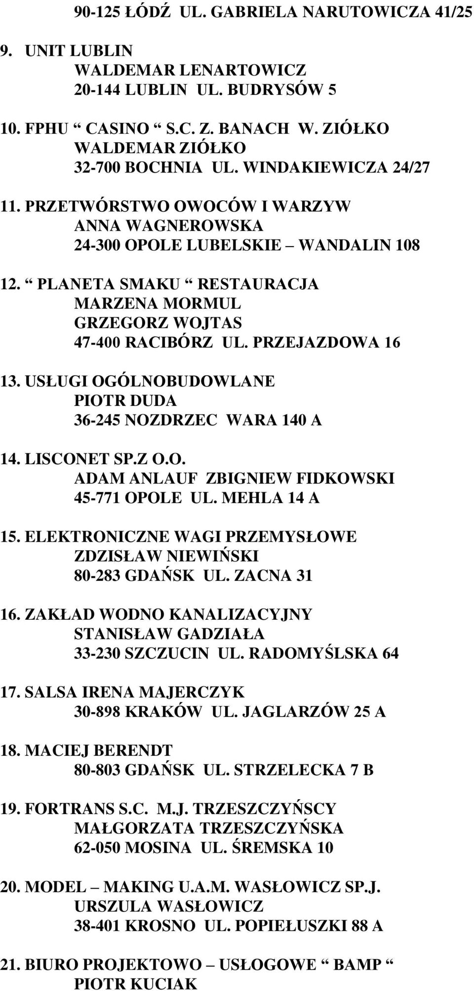 PRZEJAZDOWA 16 13. USŁUGI OGÓLNOBUDOWLANE PIOTR DUDA 36-245 NOZDRZEC WARA 140 A 14. LISCONET SP.Z O.O. ADAM ANLAUF ZBIGNIEW FIDKOWSKI 45-771 OPOLE UL. MEHLA 14 A 15.