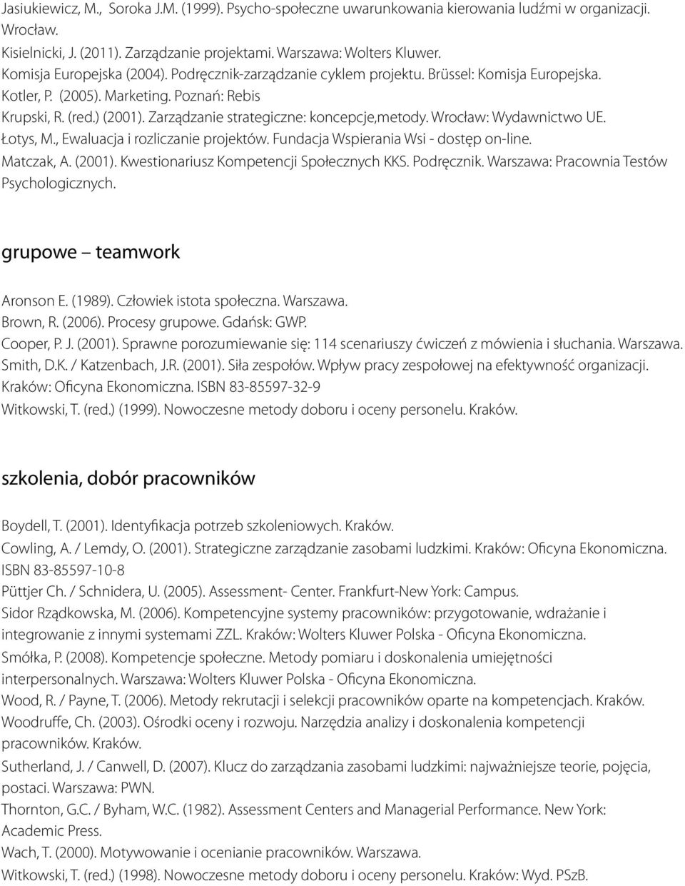 Zarządzanie strategiczne: koncepcje,metody. Wrocław: Wydawnictwo UE. Łotys, M., Ewaluacja i rozliczanie projektów. Fundacja Wspierania Wsi - dostęp on-line. Matczak, A. (2001).