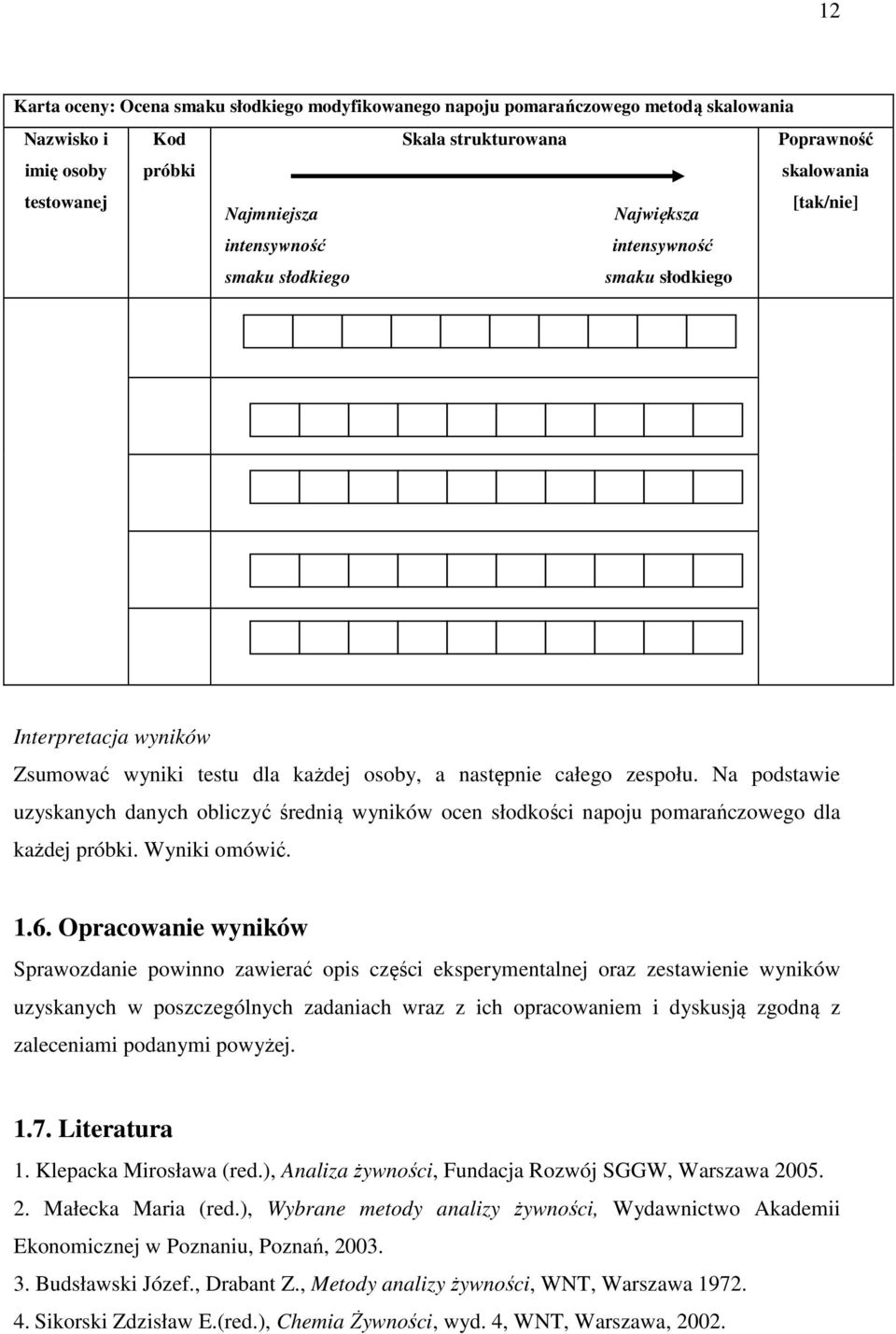 Na podstawie uzyskanych danych obliczyć średnią wyników ocen słodkości napoju pomarańczowego dla każdej próbki. Wyniki omówić. 1.6.