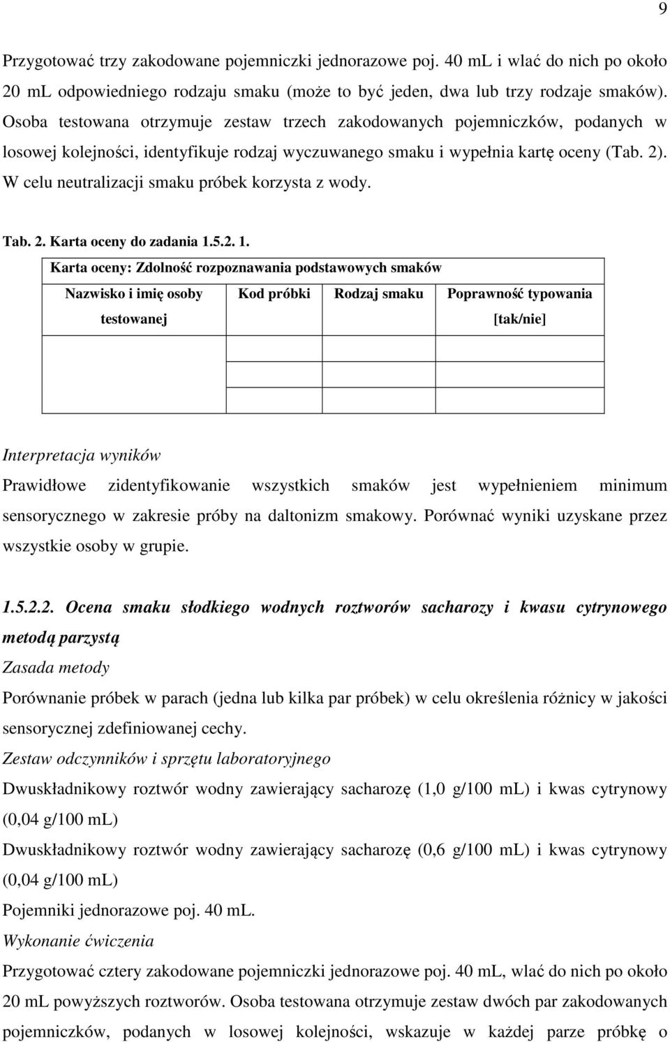 W celu neutralizacji smaku próbek korzysta z wody. Tab. 2. Karta oceny do zadania 1.