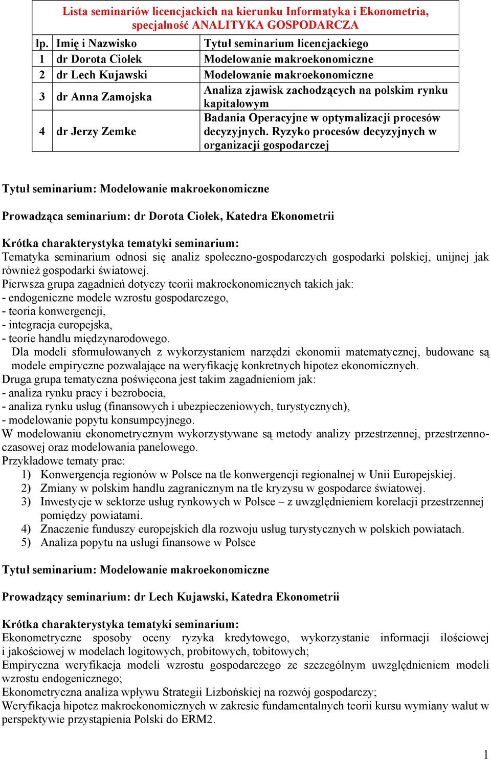 polskim rynku kapitałowym Badania Operacyjne w optymalizacji procesów 4 dr Jerzy Zemke decyzyjnych.