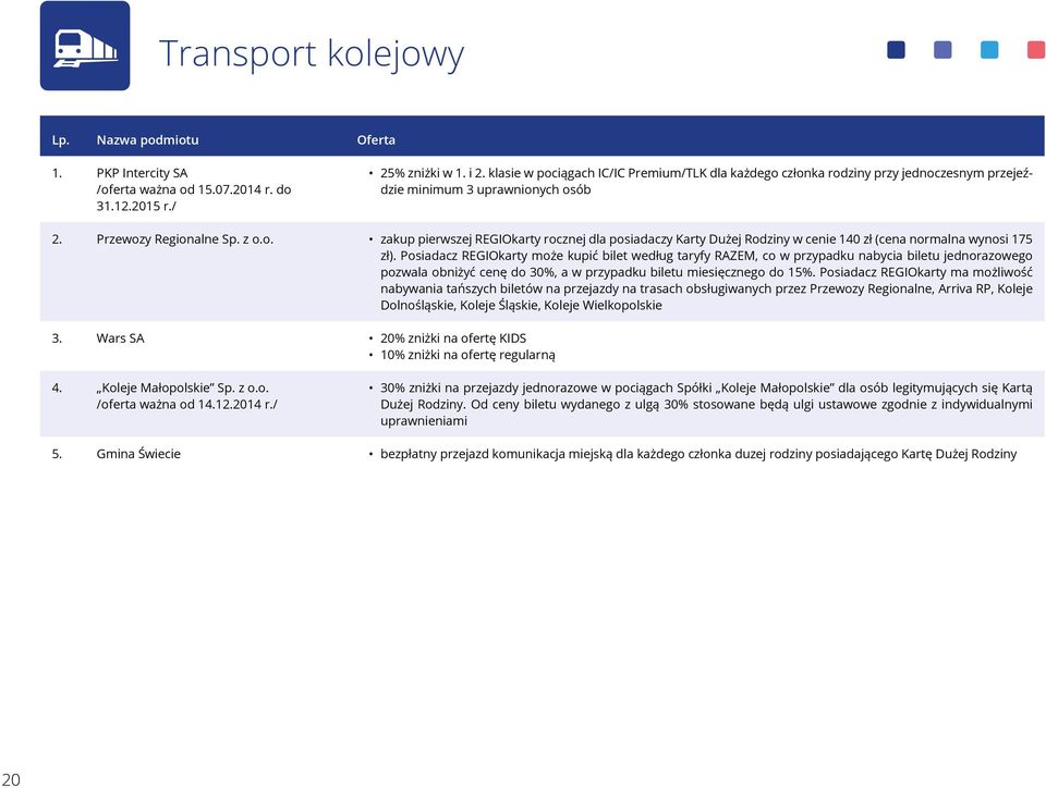 Posiadacz REGIOkarty może kupić bilet według taryfy RAZEM, co w przypadku nabycia biletu jednorazowego pozwala obniżyć cenę do 30%, a w przypadku biletu miesięcznego do 15%.