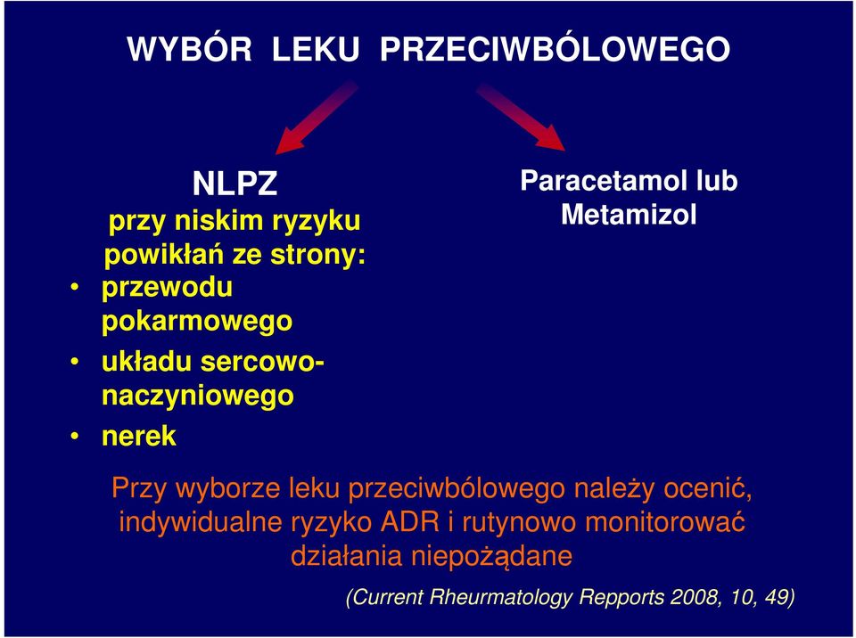 Metamizol Przy wyborze leku przeciwbólowego należy ocenić, indywidualne ryzyko