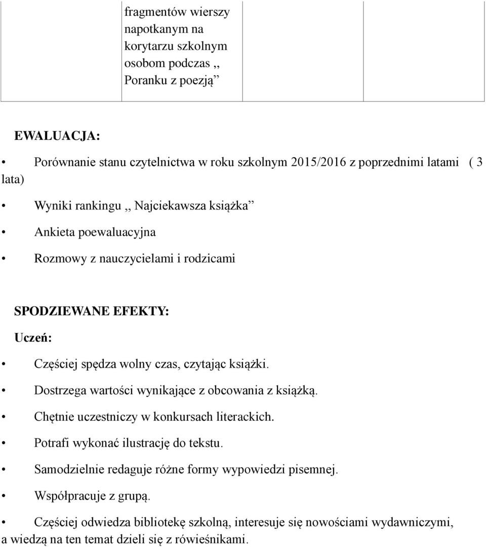 książki. Dostrzega wartości wynikające z obcowania z książką. Chętnie uczestniczy w konkursach literackich. Potrafi wykonać ilustrację do tekstu.