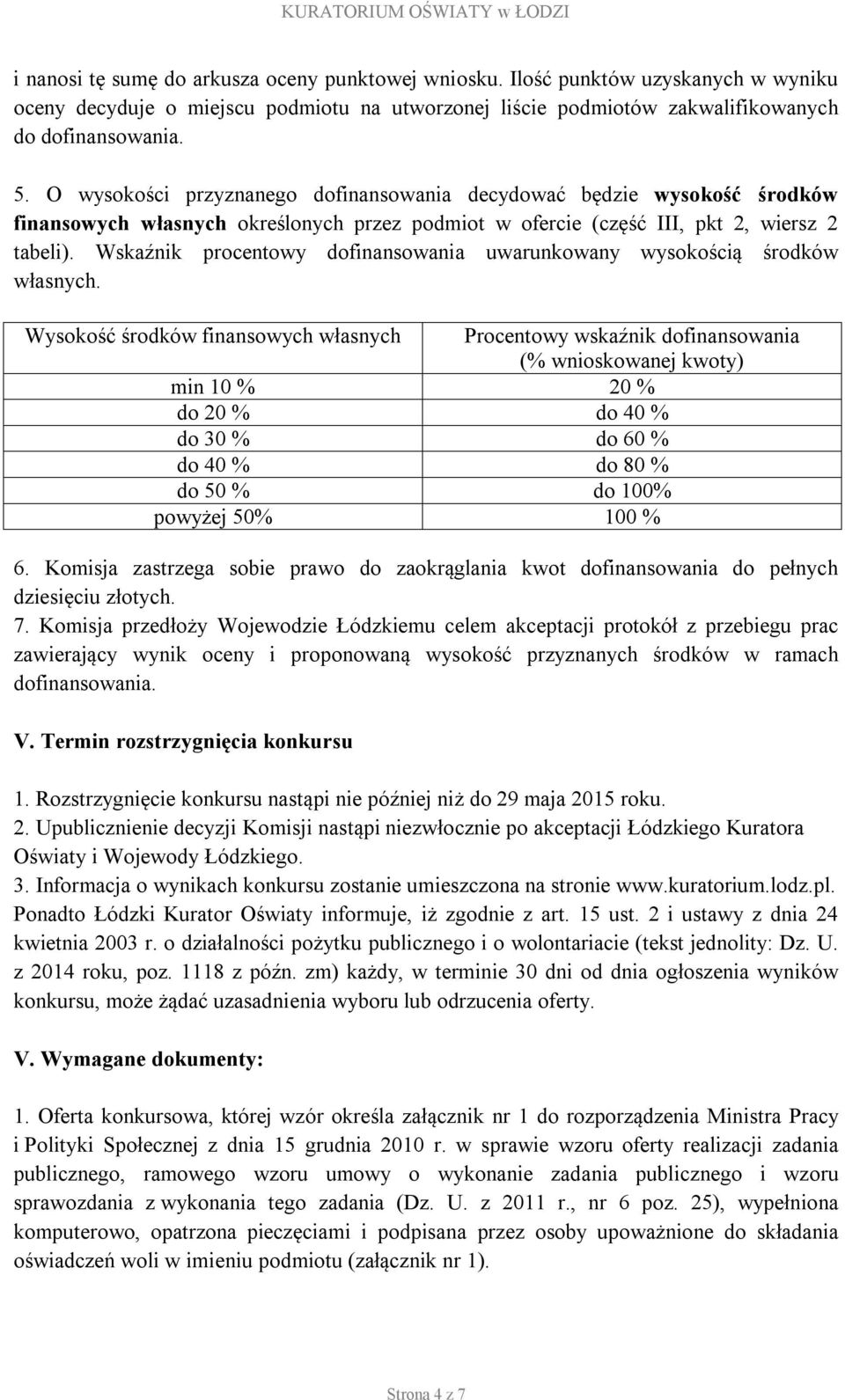 Wskaźnik procentowy dofinansowania uwarunkowany wysokością środków własnych.