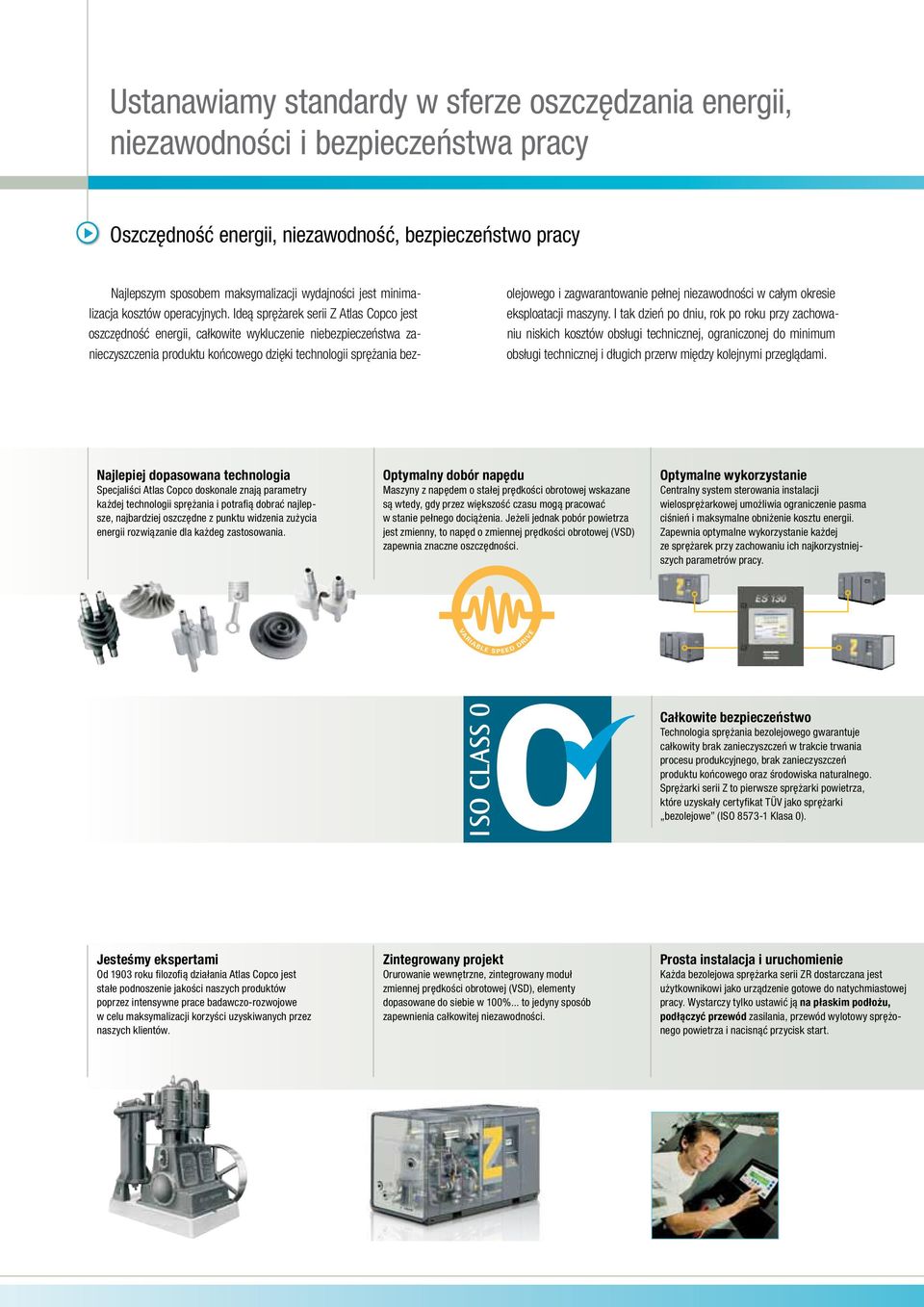 Ideą sprężarek serii Z Atlas Copco jest oszczędność energii, całkowite wykluczenie niebezpieczeństwa zanieczyszczenia produktu końcowego dzięki technologii sprężania bez- olejowego i zagwarantowanie