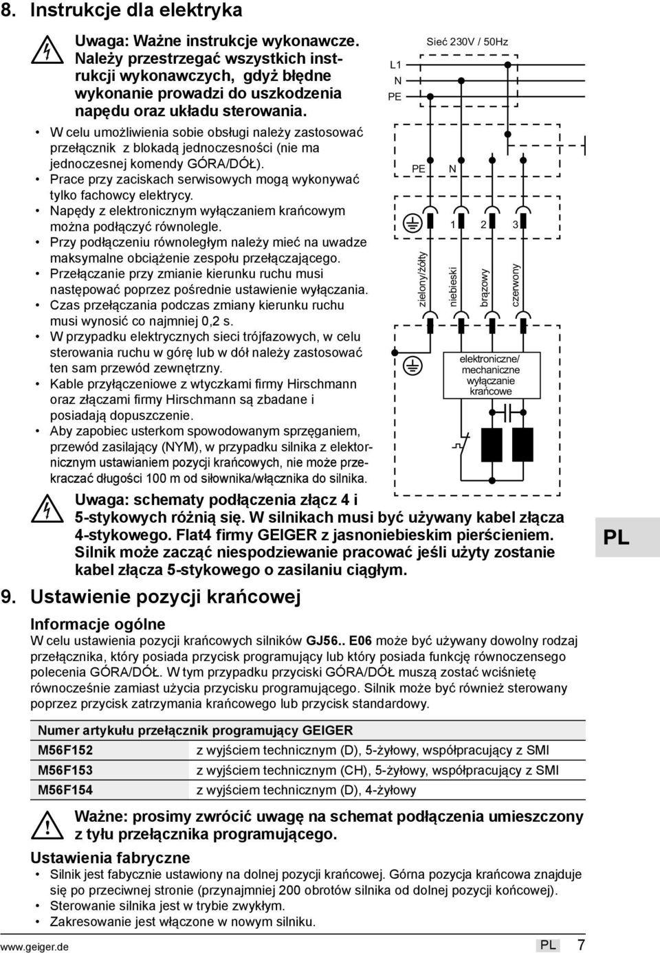 Prace przy zaciskach serwisowych mogą wykonywać tylko fachowcy elektrycy. Napędy z elektronicznym wyłączaniem krańcowym można podłączyć równolegle.