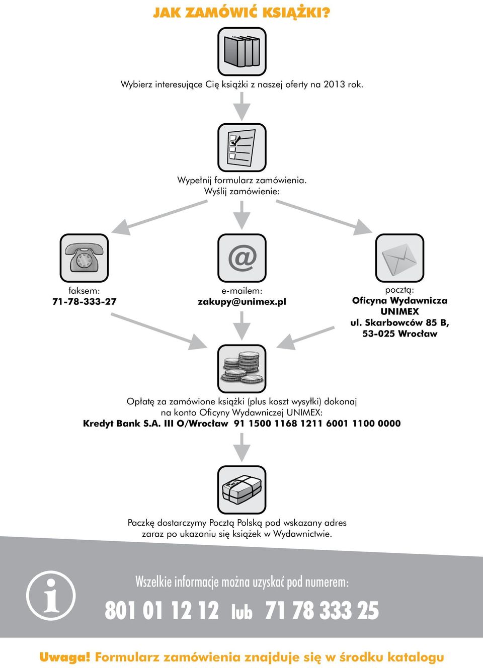 Skarbowców 85 B, 53-025 Wrocław Opłatę za zamówione książki (plus koszt wysyłki) dokonaj na konto Oficyny Wydawniczej UNIMEX: Kredyt Bank S.A.