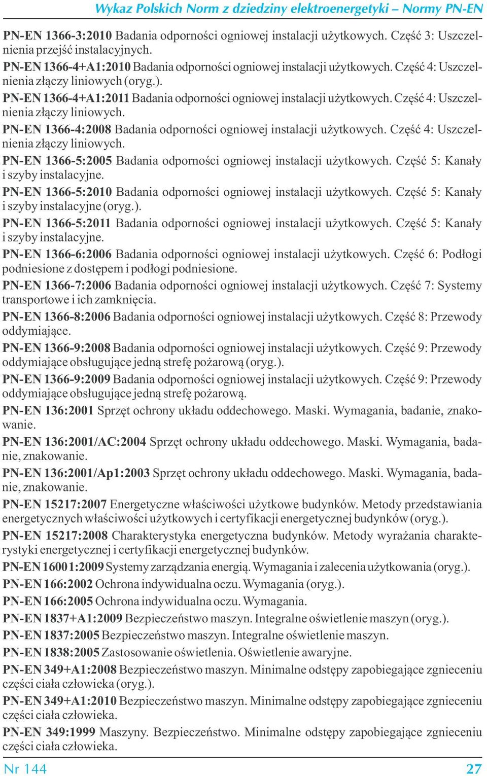 PN-EN 1366-4:2008 Badania odporności ogniowej instalacji użytkowych. Część 4: Uszczelnienia złączy liniowych. PN-EN 1366-5:2005 Badania odporności ogniowej instalacji użytkowych.