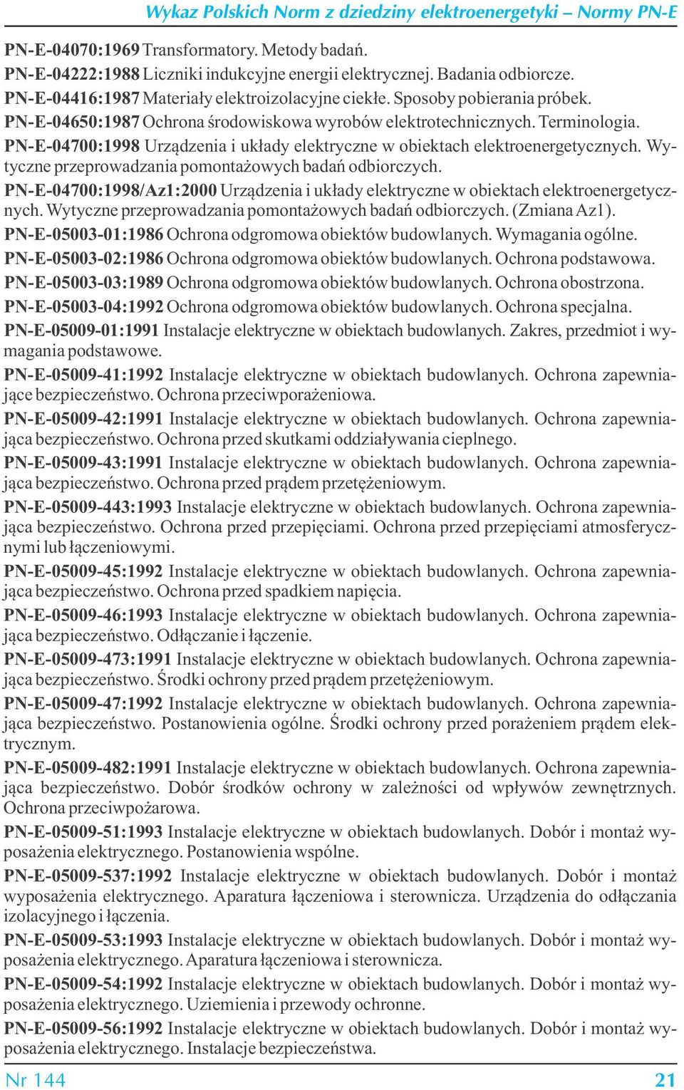 PN-E-04700:1998 Urządzenia i układy elektryczne w obiektach elektroenergetycznych. Wytyczne przeprowadzania pomontażowych badań odbiorczych.