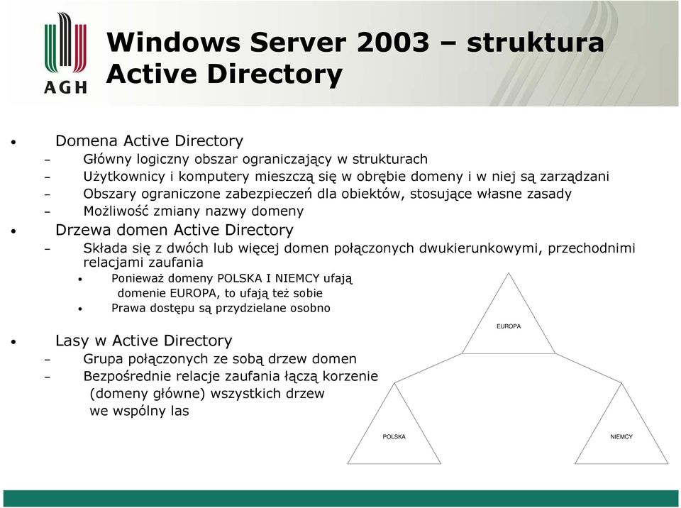 więcej ę domen połączonych ą dwukierunkowymi, przechodnimi relacjami zaufania Ponieważ domeny POLSKA I NIEMCY ufają domenie EUROPA, to ufają też sobie Prawa dostępu są przydzielane