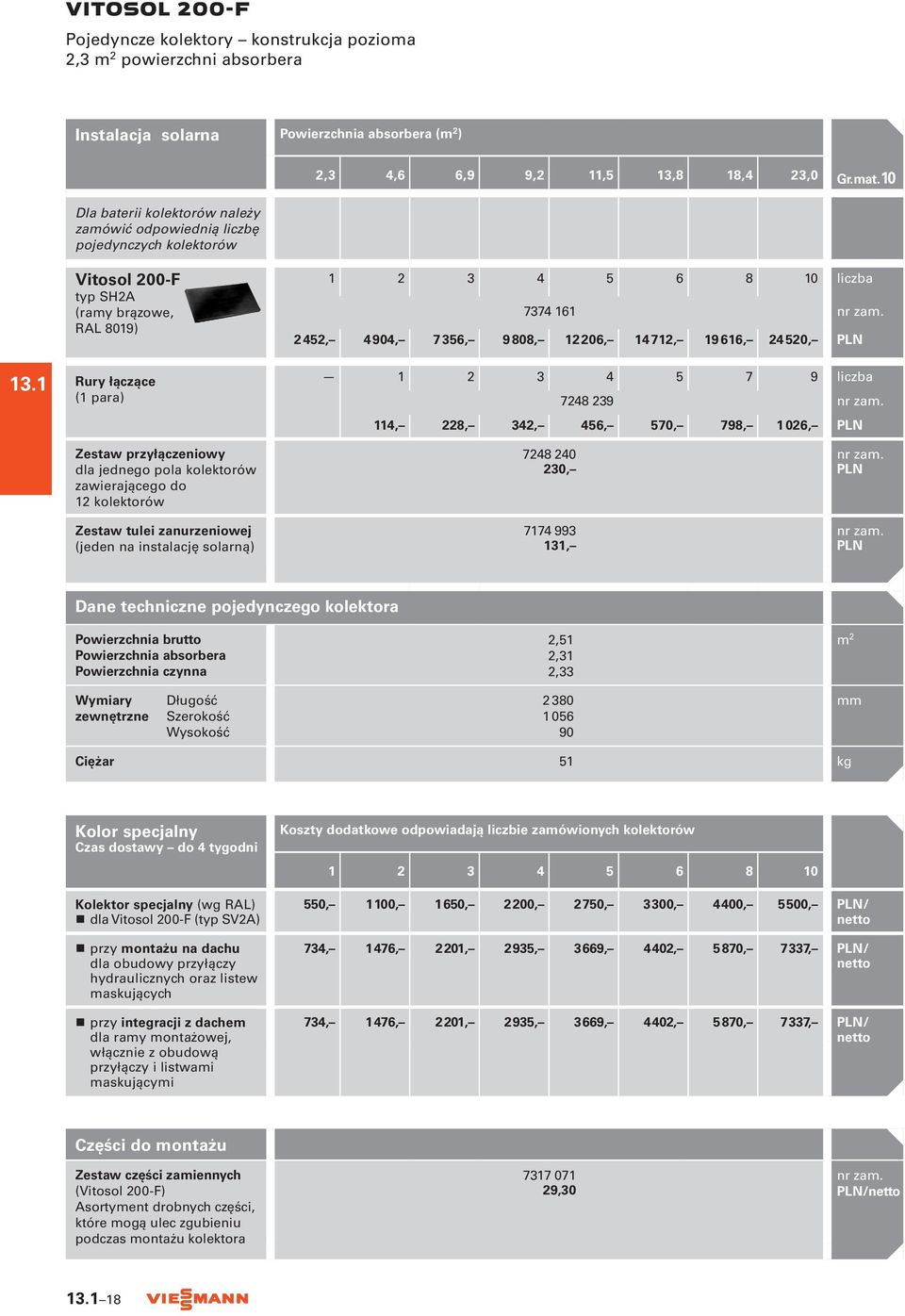 1 Vitosol 200-F typ SH2A (ramy brązowe, RAL 8019) Rury łączące (1 para) 1 2 3 4 5 6 8 10 liczba 7374 161 2452, 4904, 7356, 9808, 12 206, 14 712, 19 616, 24 520, 1 2 3 4 5 7 9 liczba 7248 239 114,