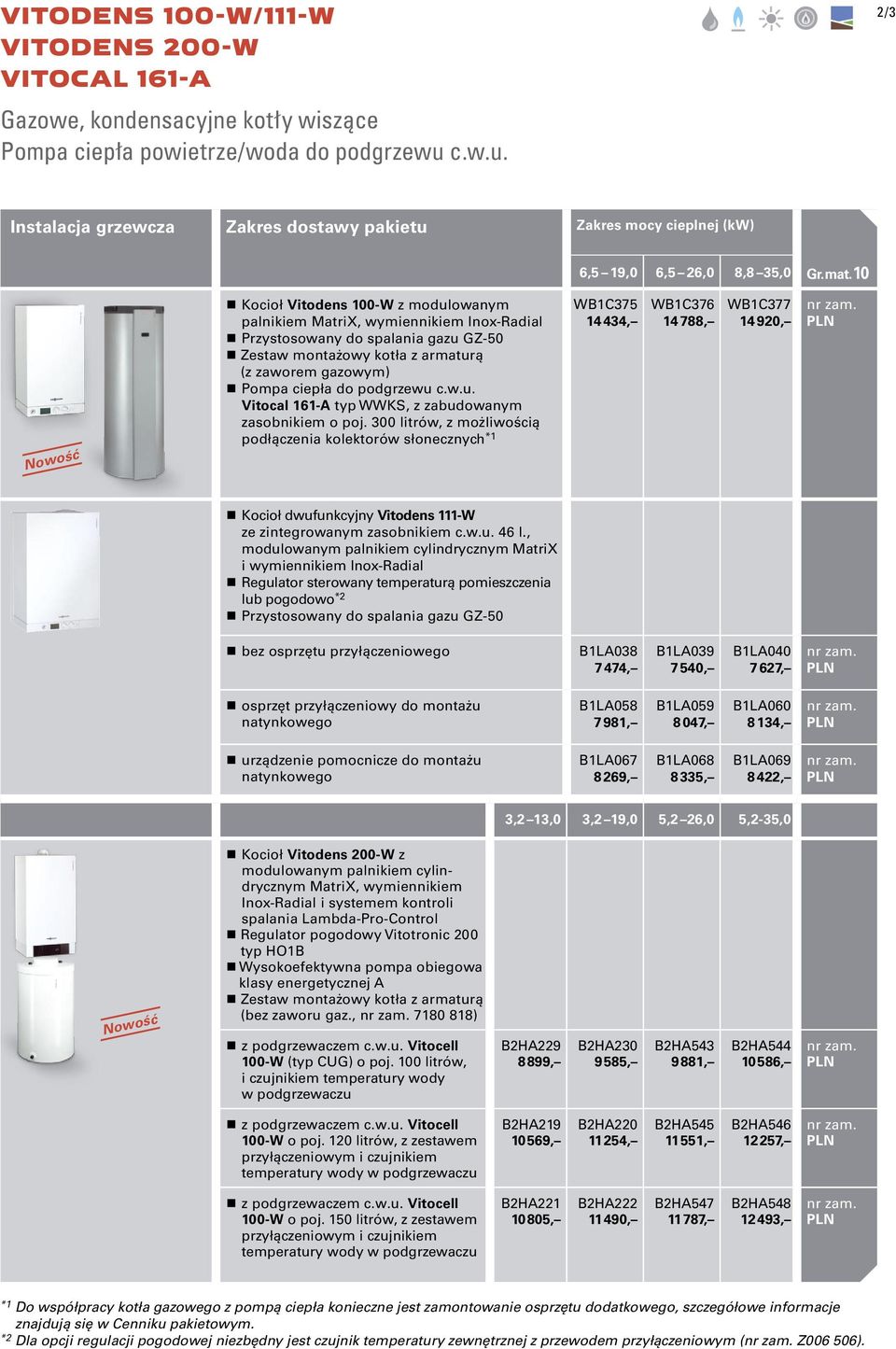 2/ Instalacja grzewcza Zakres dostawy pakietu Zakres mocy cieplnej (k) 6,5 19,0 6,5 26,0 8,8 35,0 Kocioł Vitodens 100- z modulowanym palnikiem MatriX, wymiennikiem Inox-Radial Przystosowany do