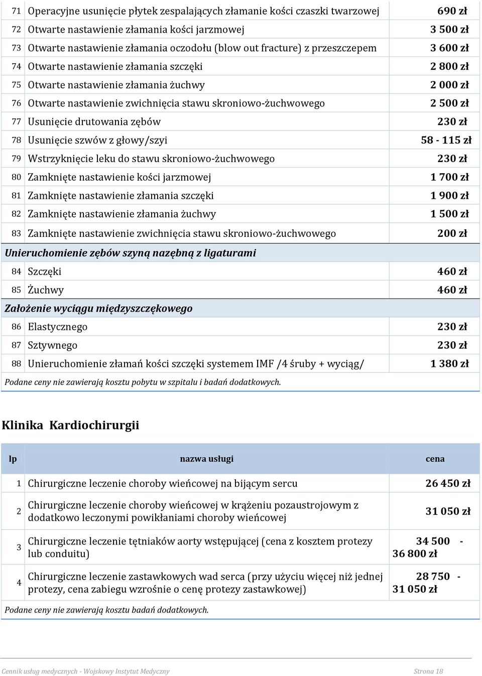 zł 77 Usunięcie drutowania zębów 230 zł 78 Usunięcie szwów z głowy/szyi 58-115 zł 79 Wstrzyknięcie leku do stawu skroniowo-żuchwowego 230 zł 80 Zamknięte nastawienie kości jarzmowej 1 700 zł 81