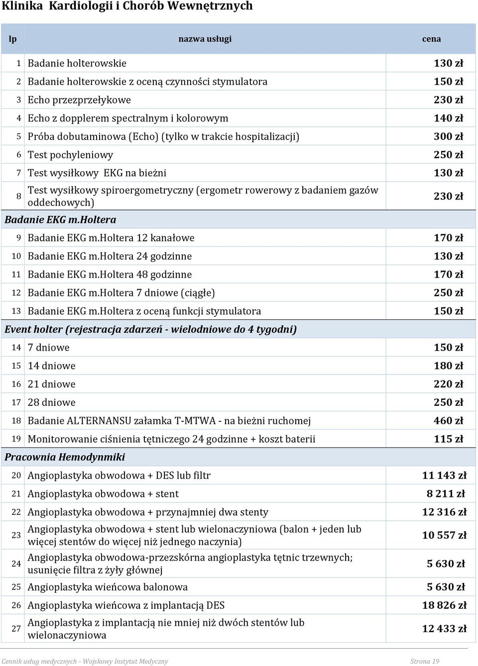 spiroergometryczny (ergometr rowerowy z badaniem gazów oddechowych) Badanie EKG m.holtera 230 zł 9 Badanie EKG m.holtera 12 kanałowe 170 zł 10 Badanie EKG m.