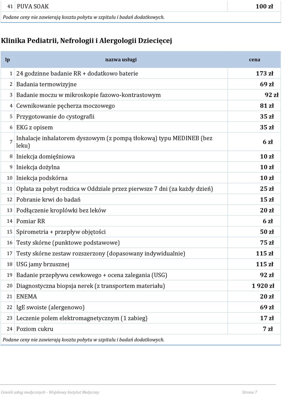 fazowo-kontrastowym 92 zł 4 Cewnikowanie pęcherza moczowego 81 zł 5 Przygotowanie do cystografii 35 zł 6 EKG z opisem 35 zł 7 Inhalacje inhalatorem dyszowym (z pompą tłokową) typu MEDINEB (bez leku)