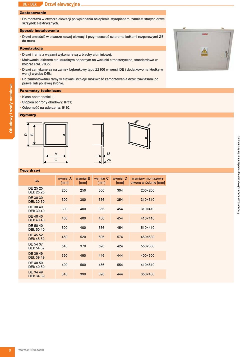 Konstrukcja Drzwi i rama z wąsami wykonane są z blachy aluminiowej; Malowanie lakierem strukturalnym odpornym na warunki atmosferyczne, standardowo w kolorze RAL 7035; Drzwi zamykane są na zamek