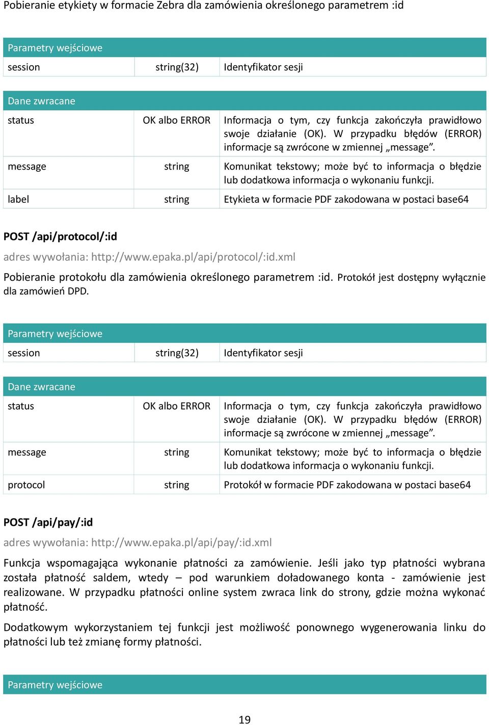 protocol string Protokół w formacie PDF zakodowana w postaci base64 POST /api/pay/:id adres wywołania: http://www.epaka.pl/api/pay/:id.xml Funkcja wspomagająca wykonanie płatności za zamówienie.