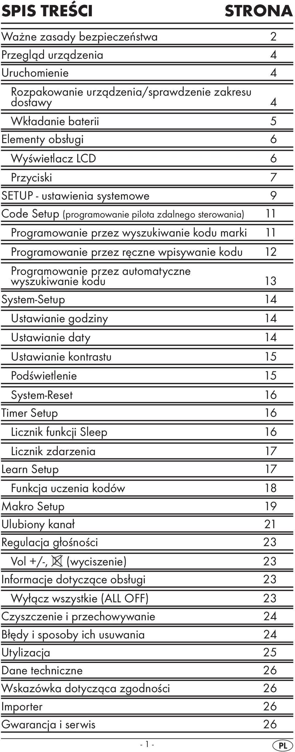 Programowanie przez automatyczne wyszukiwanie kodu 13 System-Setup 14 Ustawianie godziny 14 Ustawianie daty 14 Ustawianie kontrastu 15 Podświetlenie 15 System-Reset 16 Timer Setup 16 Licznik funkcji