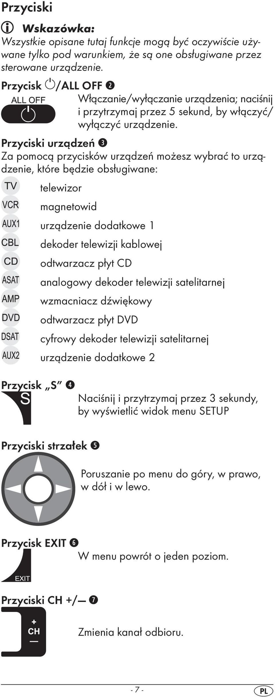 Przyciski urządzeń e Za pomocą przycisków urządzeń możesz wybrać to urządzenie, które będzie obsługiwane: telewizor magnetowid Przycisk S r urządzenie dodatkowe 1 dekoder telewizji kablowej