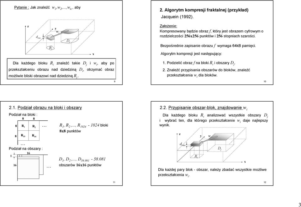 Algortm ompres est następu puąc: Dla ażego blou R naleźć prestałcenu obrau na eną tae możlwe bls obraow na eną R. w, ab po D, otrmać obra 9. Poelć obra f na blo R obsar.