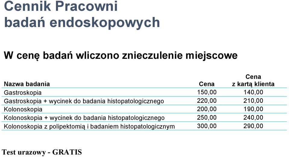 210,00 Kolonoskopia 200,00 190,00 Kolonoskopia + wycinek do badania histopatologicznego