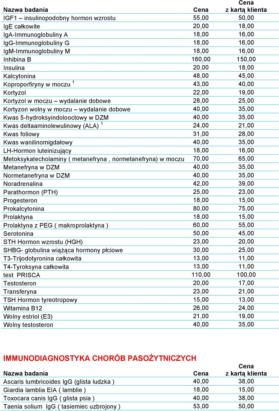 40,00 35,00 Kwas 5-hydroksyindolooctowy w DZM 40,00 35,00 Kwas deltaaminolewulinowy (ALA) 1 24,00 21,00 Kwas foliowy 31,00 28,00 Kwas wanilinomigdałowy 40,00 35,00 LH-Hormon luteinizujący 18,00 16,00