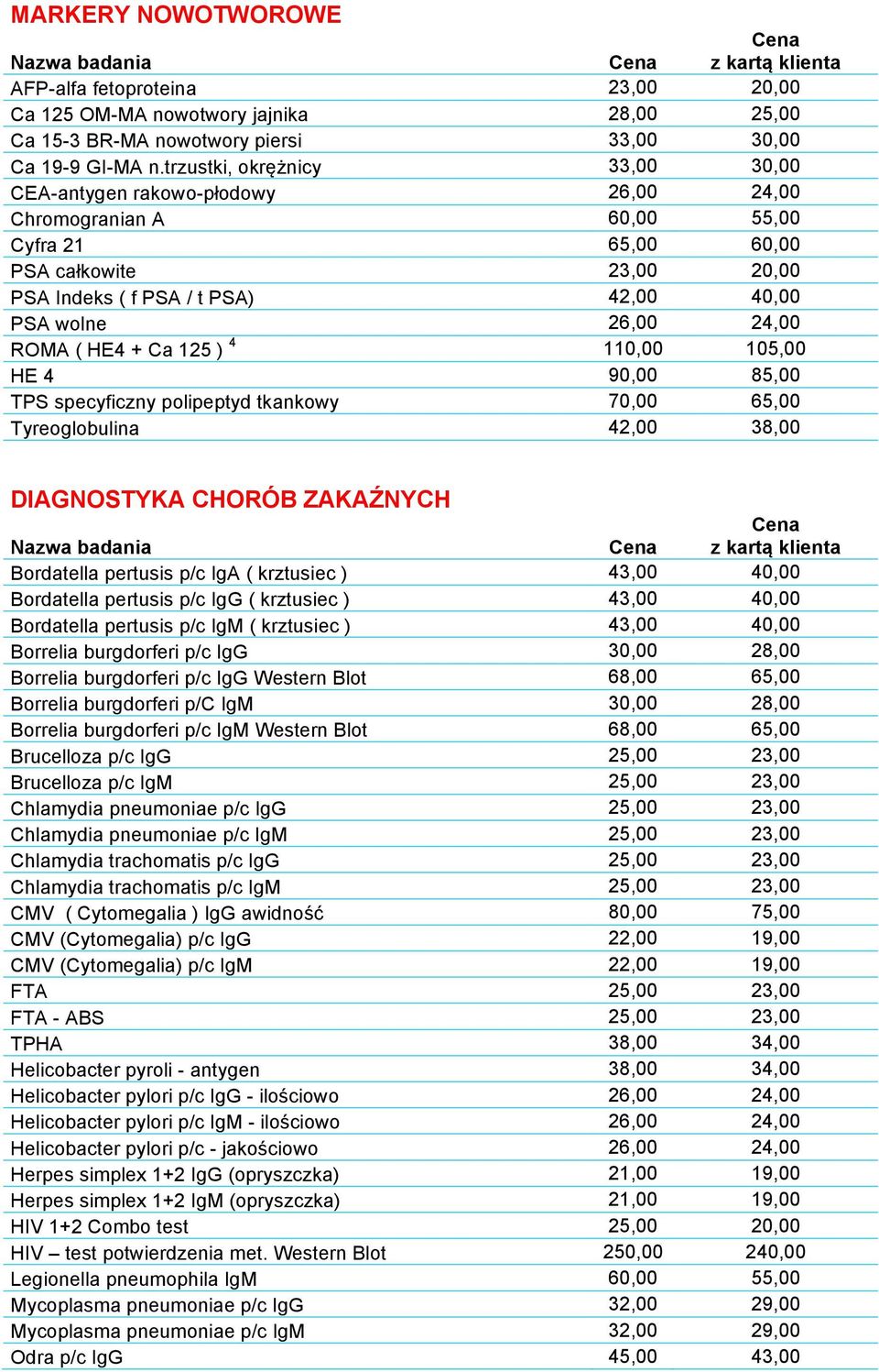 26,00 24,00 ROMA ( HE4 + Ca 125 ) 4 110,00 105,00 HE 4 90,00 85,00 TPS specyficzny polipeptyd tkankowy 70,00 65,00 Tyreoglobulina 42,00 38,00 DIAGNOSTYKA CHORÓB ZAKAŹNYCH Bordatella pertusis p/c IgA